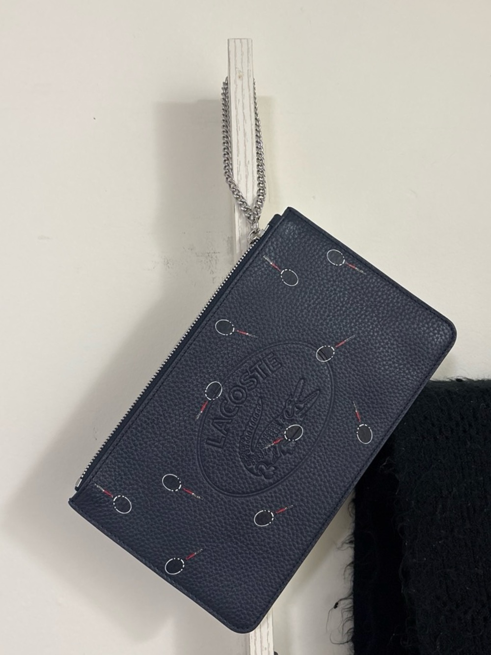Lacoste Navy Pebbled Leather Zip Pouch with Chain Wristlet